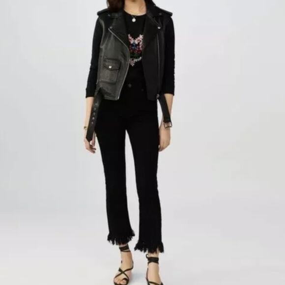 Maje Paris Frayed Hem Cropped Straight‎ Leg Jeans Black Size 36 Mid Rise Small - Picture 1 of 11
